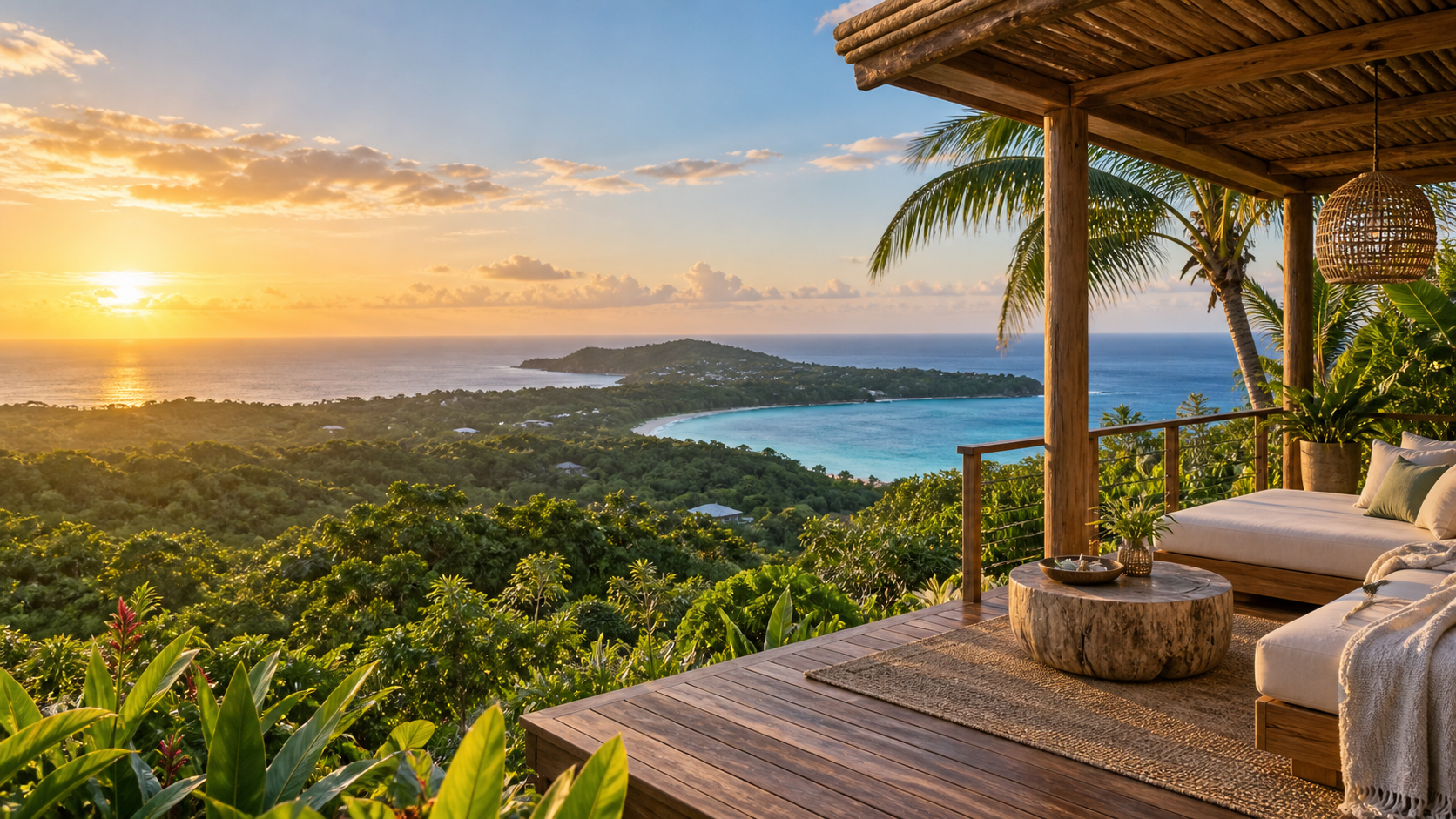 Elevated tropical cabana terrace overlooking Roatán and the Caribbean at sunrise